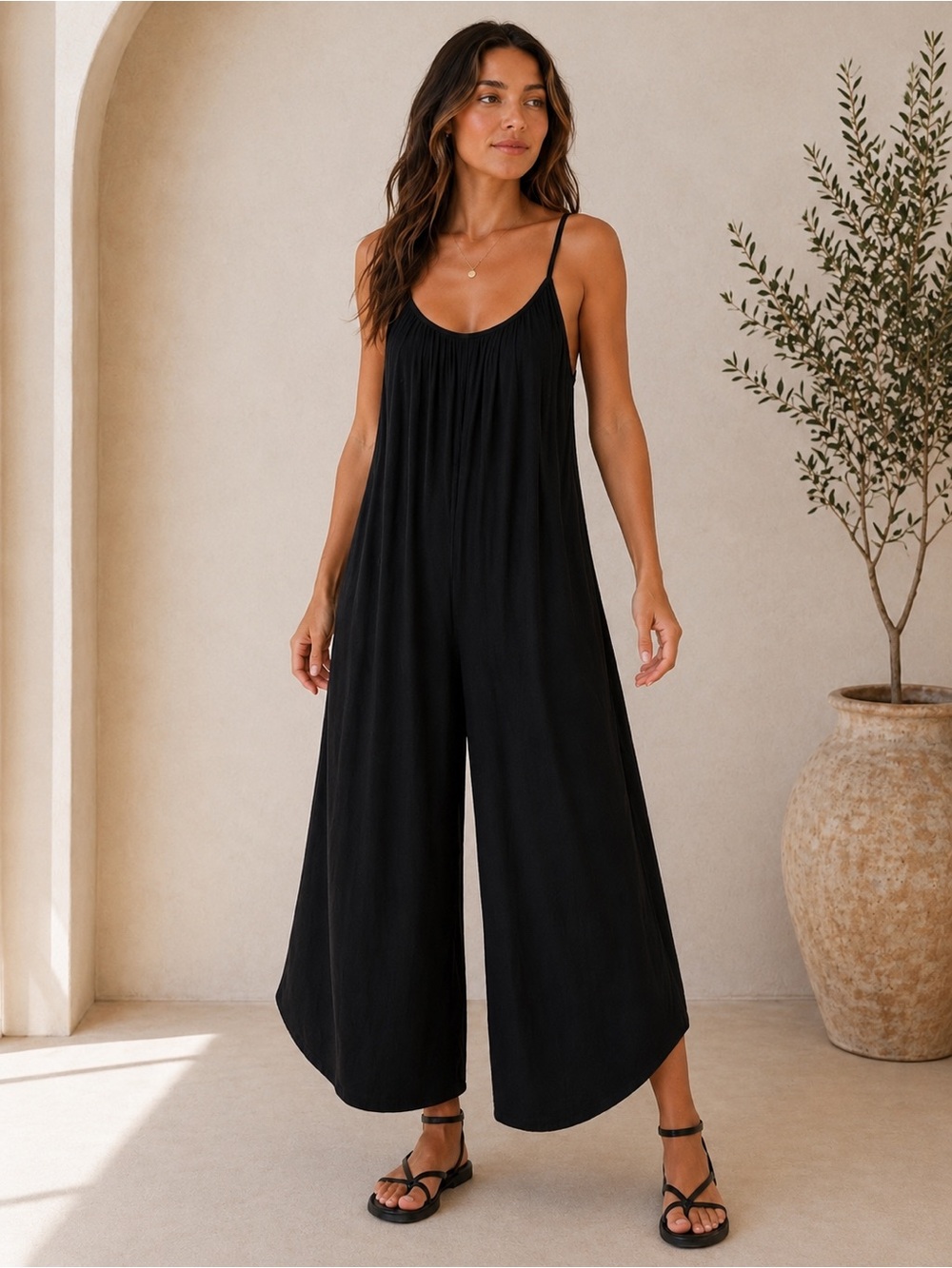 Jolie Black Wide Leg Jumpsuit L Minimalist Femininegoth Flowy Lounge Aesthetic